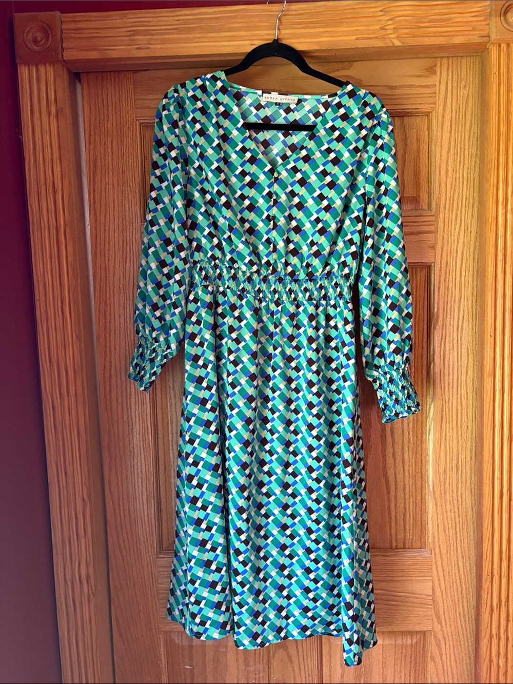 Green Geo Print Long Sleeve Women’s Dress